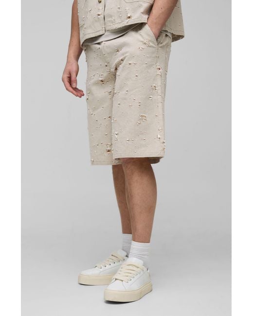 BoohooMAN Natural Tall Nibbled Denim Relaxed Fit Shorts for men