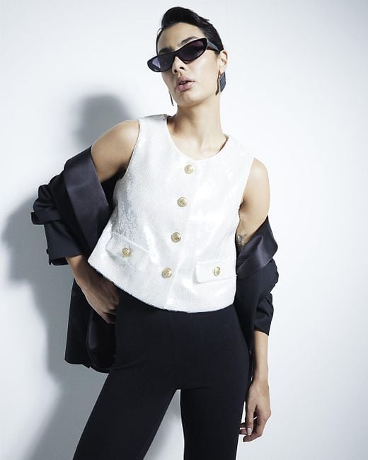 River Island White Waistcoat Sequin Button