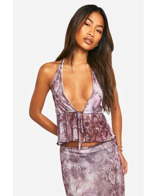 Boohoo Red Snake Print Mesh Tie Front Ruffle Cami Top