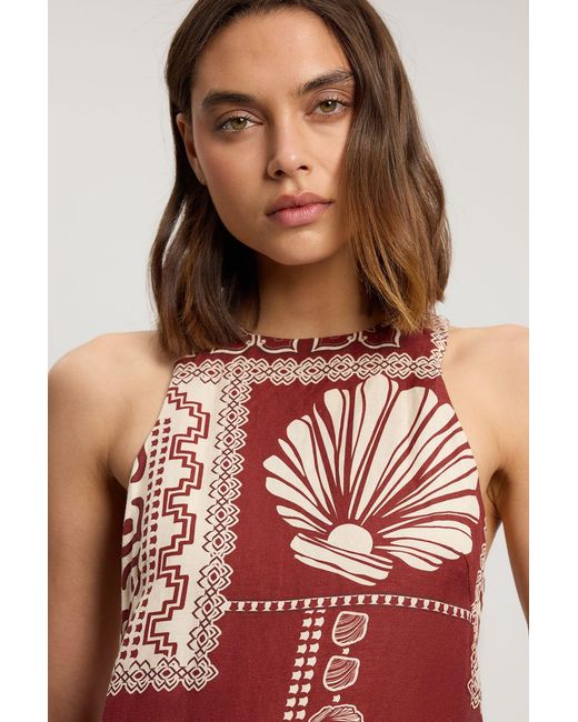 Karen Millen Red Petite Linen Viscose Tile Print Woven Midi Dress