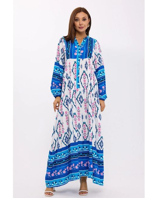 Hiccup Blue Abstract Print Tiered Shirt Maxi Dress