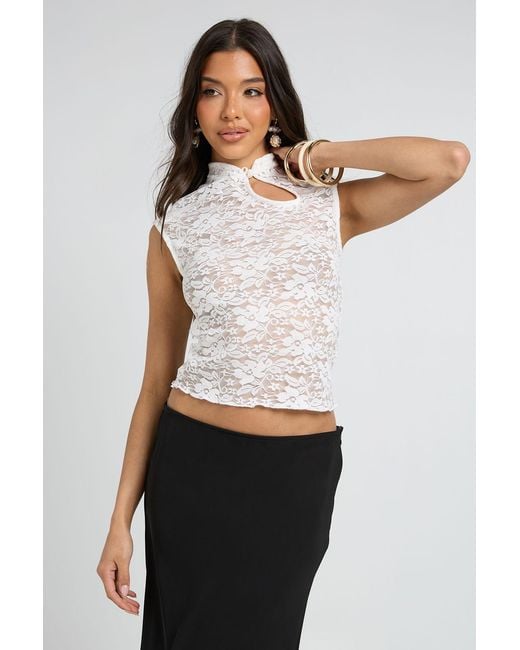 Boohoo White Lace Asym Keyhole Top With Trim