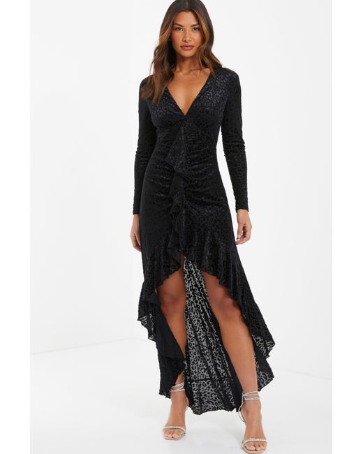 Quiz Black Velvet Animal Print Ruffle Maxi Dress