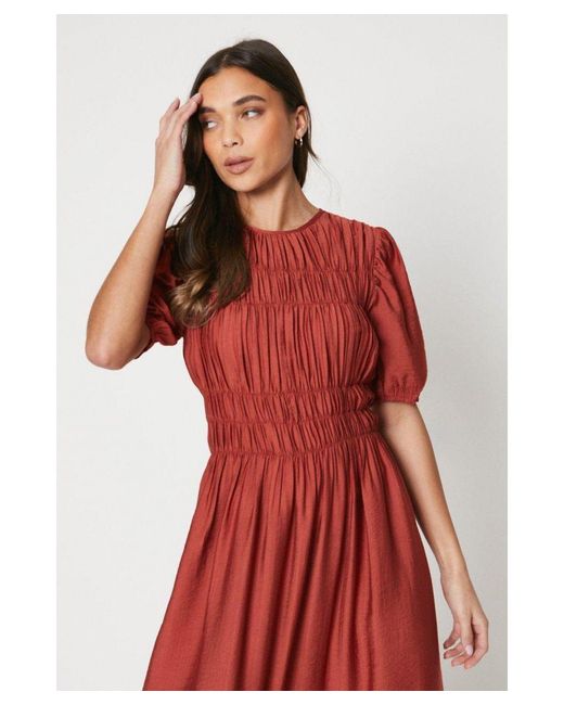 Oasis Petite Shirred Bodice Puff Sleeve Midi Dress