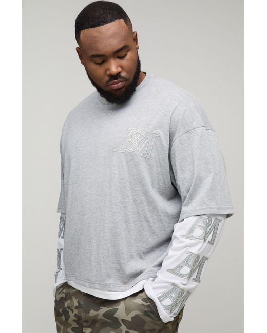 BoohooMAN Gray Plus Oversized Boxy Faux Layer Acid Wash Applique T-Shirt for men