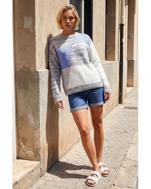 Roman Blue Textured Colour Block Knit Jumper