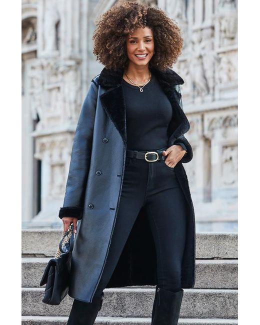 Sosandar Blue Premium Faux Shearling Trench Coat