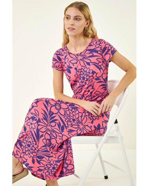 Roman Pink Floral Pocket Midi Dress
