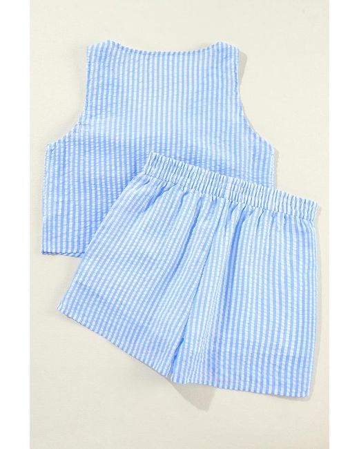 Azura Exchange Blue Stripe V Neck Bowknot Crop Tank And Shorts Set