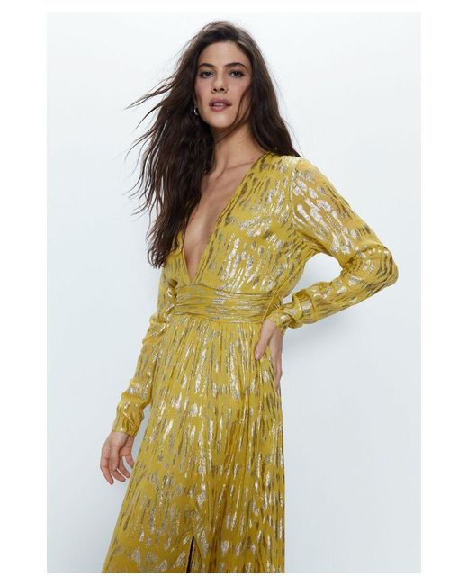 Warehouse Yellow Sparkle Plunge Gathered Waist Maxi Dress