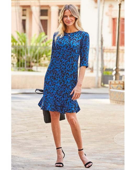 Sosandar Blue Cobalt Animal Print Ruffle Hem Shift Dress