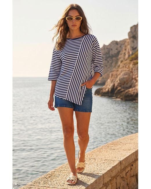 Roman Blue Petite Asymmetric Stripe Top
