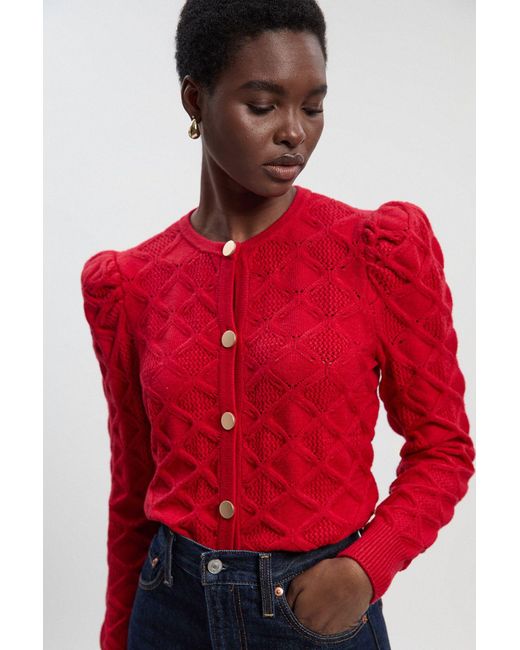 Karen Millen Red Cable Stitch Puff Sleeve Knit Cardigan