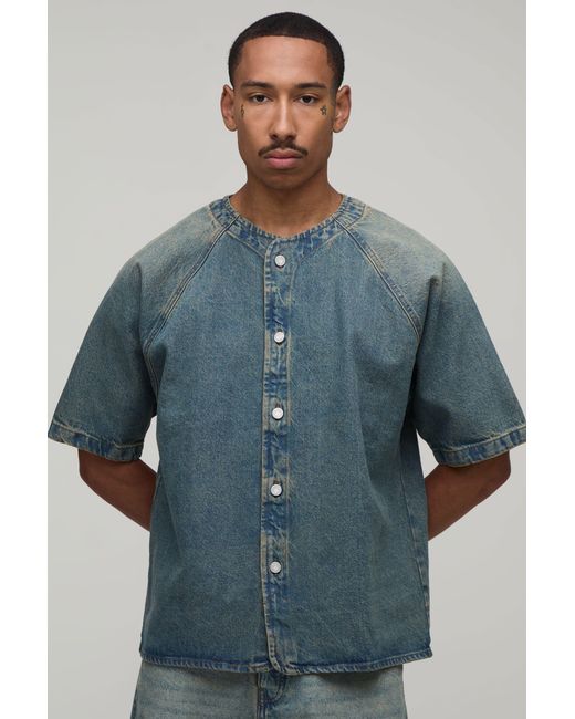 BoohooMAN Blue Oversized Denim Baseball Shirt for men