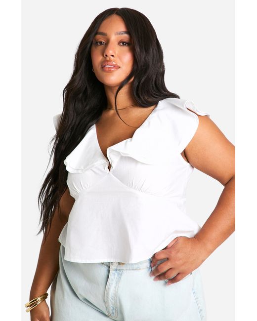 Boohoo White Plus Ruffle Tie Back Top