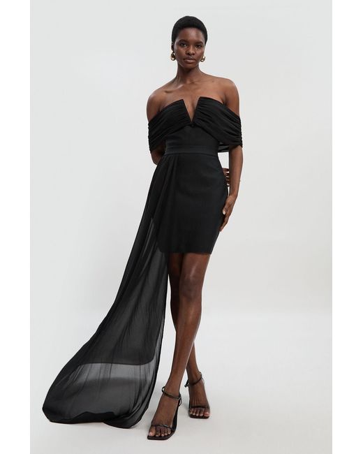 Karen Millen Black Figure Form Bandage Knit Woven Bardot And Skirt Detail Dress