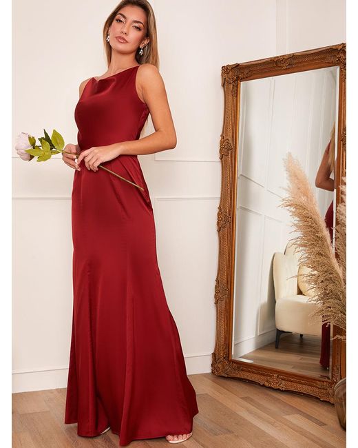 Chi Chi London Red Cowl Neck Satin Slip Maxi Dress