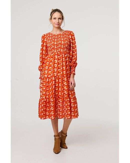 Izabel London Red Printed Long Puff Sleeve Midi Smock Dress
