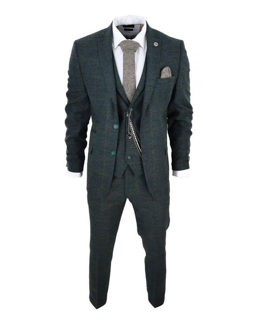 TruClothing Black 3 Piece Wool Suit Tweed Check Peaky Blinders 1920 Gatsby Formal Canvas for men