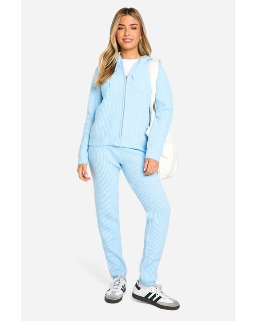 Boohoo Blue Soft Fine Guage Zip Through Hoody Knitted Tracksuit