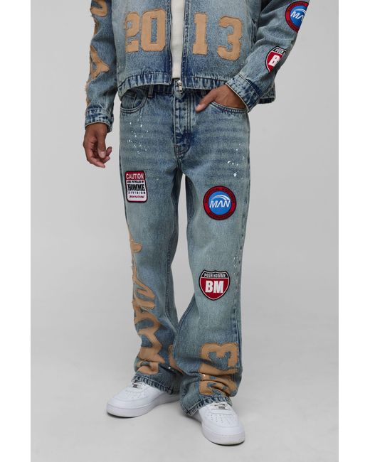 BoohooMAN Blue Straight Flared Paint Splatter Applique Gusset Jeans for men
