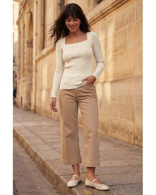 Roman Brown Square Neck Ribbed Knit Top