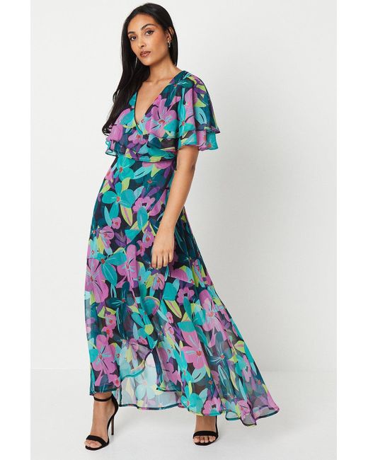 Wallis Blue Petite Floral Print Ruffle Sleeve Wrap Maxi Dress