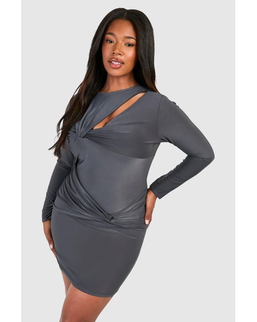 Boohoo Gray Plus Knot Detail Long Sleeve Slinky Mini Dress
