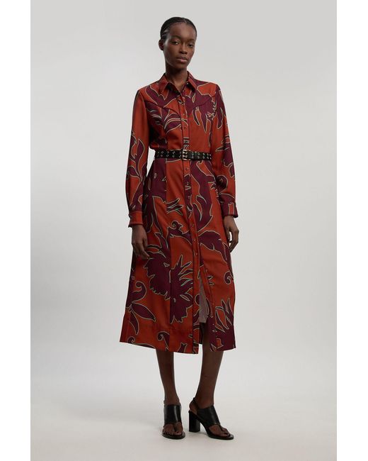 Karen Millen Red Western Printed Twill Woven Midi Shirt Dress
