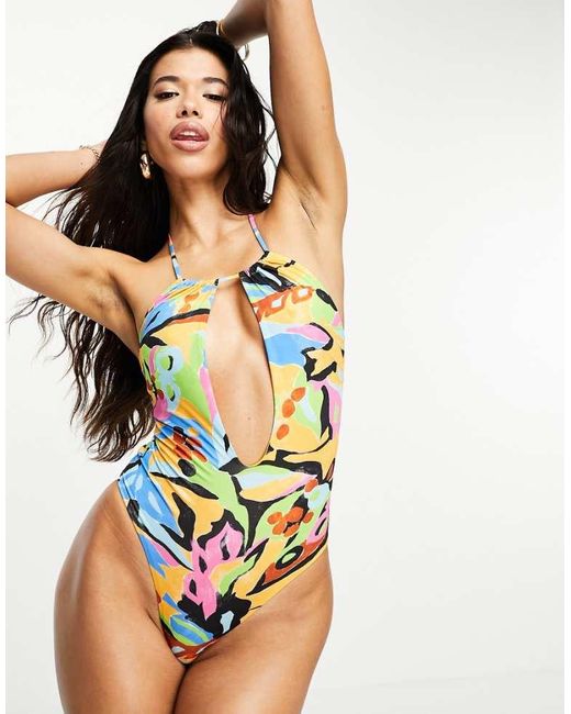 ASOS Multicolor Cut Out Halter Neck Swimsuit With Super High Leg