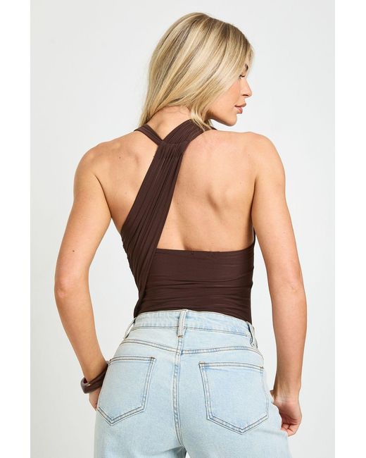 Boohoo Brown Ruched One Shoulder Mesh Panel Bodysuit