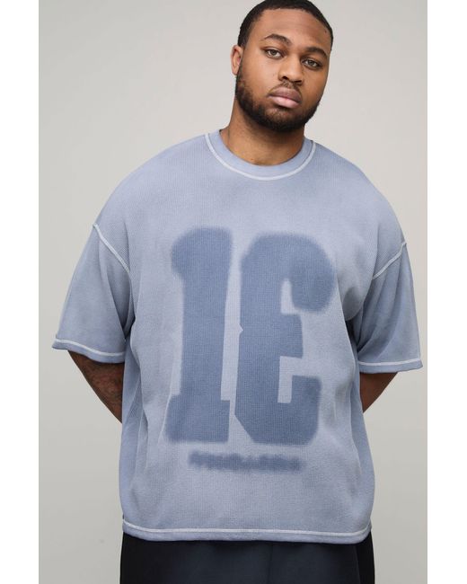BoohooMAN Blue Plus Oversized Spray Wash Waffle T-Shirt for men