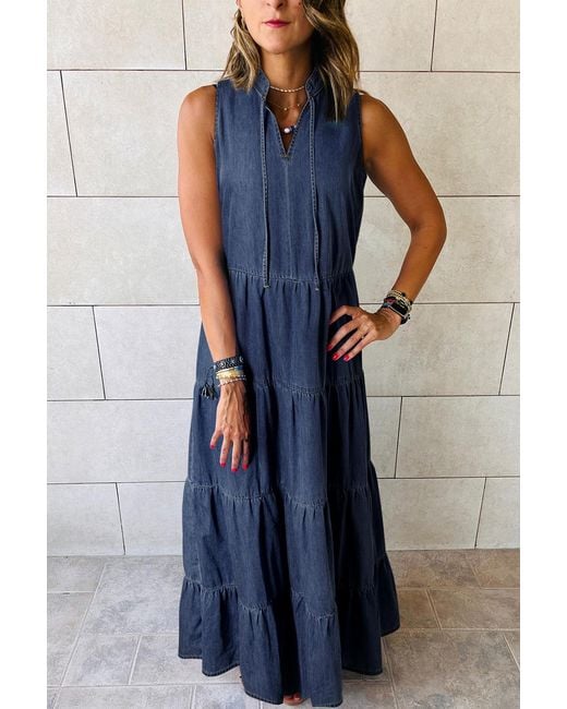 Everyday the Label Blue Tiered Denim Dress Sleeveless Midi