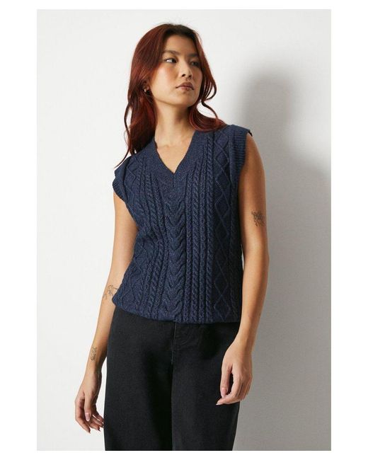 Warehouse Blue Cable Knit V Neck Sweater Vest