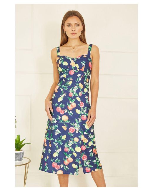 Yumi' Blue Fruit Print Strappy Sundress With Front Split