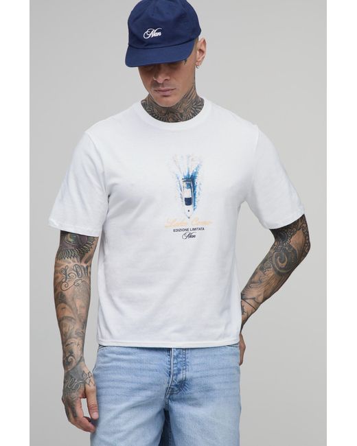 BoohooMAN White Tall Regular Boxy Lake Como Print T-Shirt Cotton for men