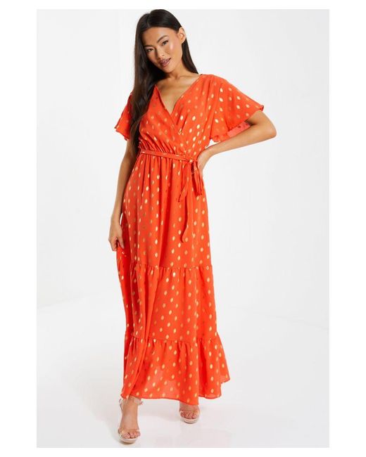 Quiz Red Orange Spot Wrap Midi Dress