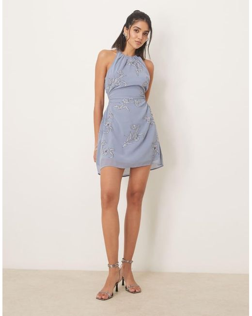 ASOS Blue All Over Floral Embroidered Halter Mini Dress With Open Back