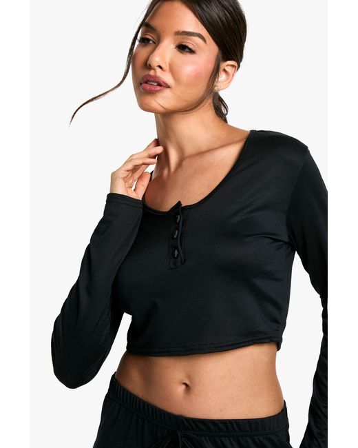 Boohoo Black Loungewear Soft Touch Button Up Long Sleeve Crop Top