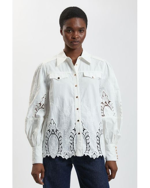 Karen Millen White Cotton Cutwork Balloon Sleeve Woven Shirt
