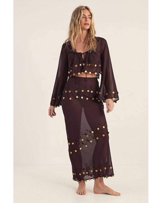 Nasty Gal Brown Sheer Coin Trim Maxi Beach Skirt