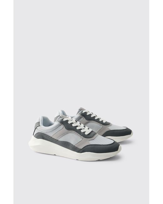BoohooMAN Gray Mesh Contrast Panel Runner Style Trainer for men