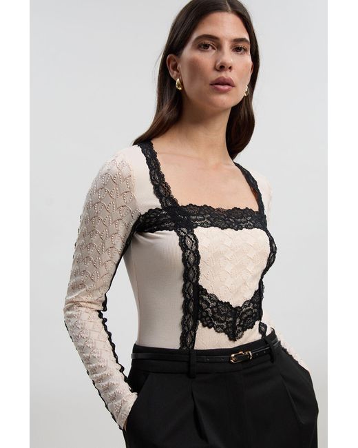 Karen Millen Black Lace Textured Scoop Neck Bodysuit