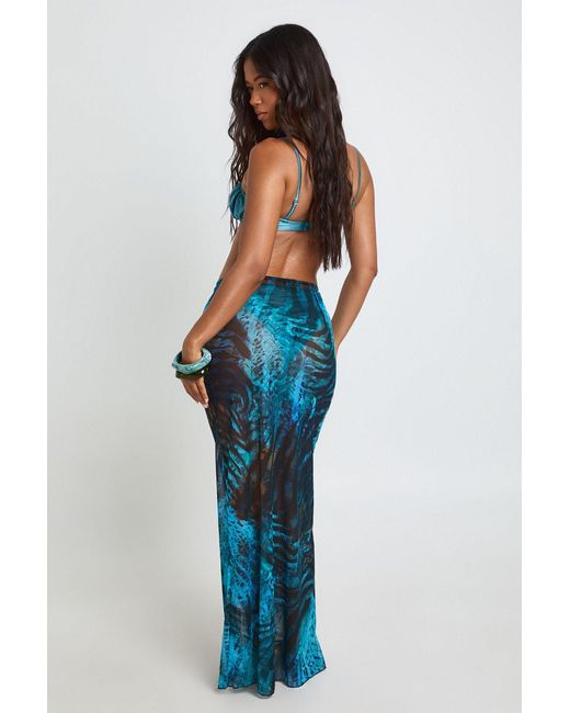 Boohoo Blue Abstract Print Sheer Mesh Maxi Beach Skirt