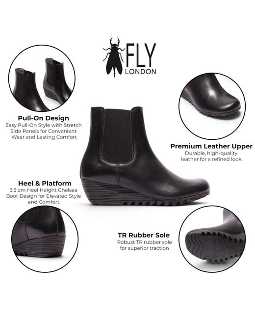 Fly London Black Leather Wedge Heel Chelsea Boots