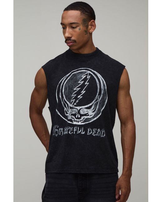 BoohooMAN Gray Oversized Grateful Dead Acid Wash License Print Tank for men
