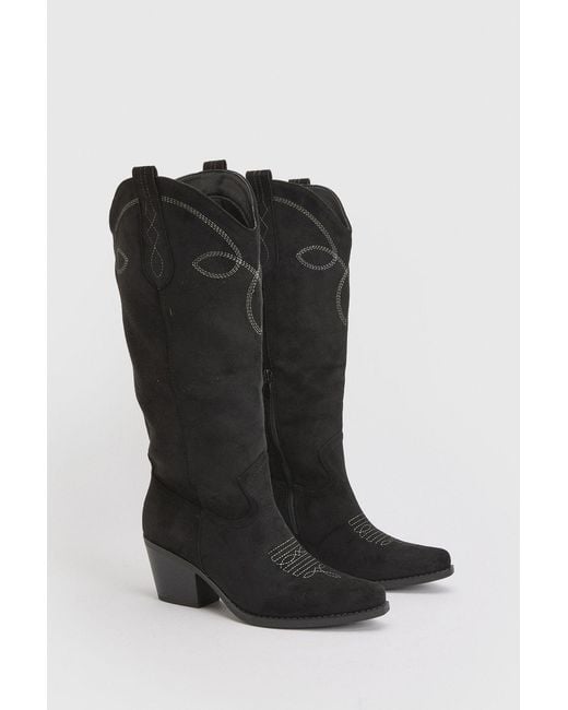 Boohoo Black Faux Suede Tab Detail Knee High Western Boots