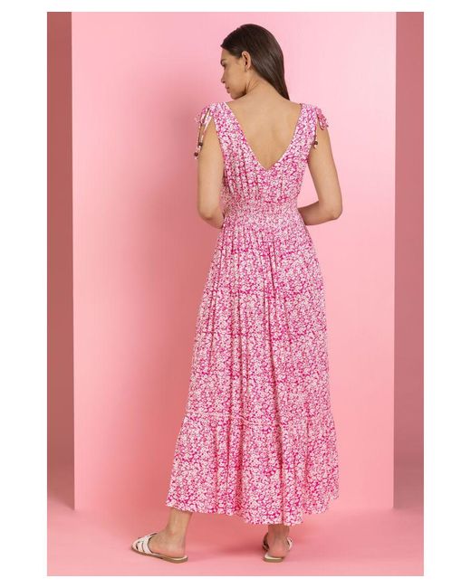 Roman Pink Ditsy Floral Shirred Waist Maxi Dress