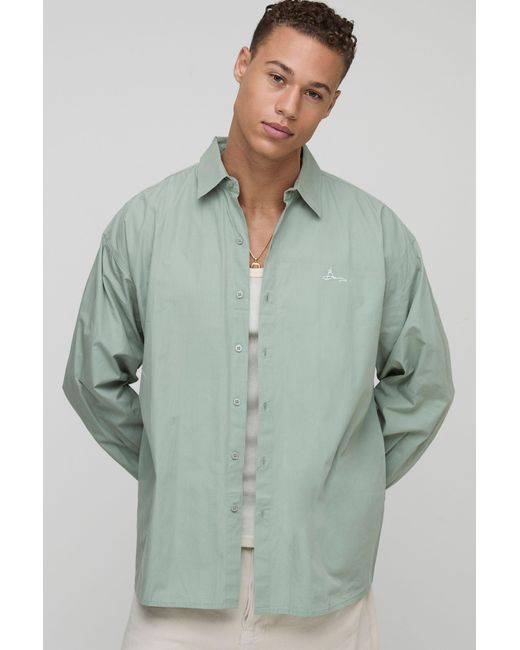 BoohooMAN Green Tall Oversized Long Sleeve Embroidered Poplin Shirt for men