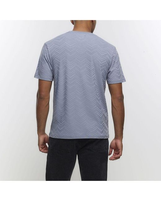 River Island Blue T-Shirt Slim Fit Chevron Texture Cotton for men